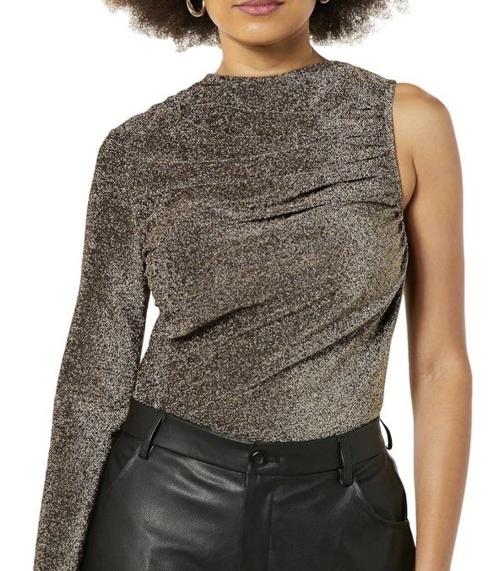 TEREA By Andrea Pitter Emiliana Gold One Shoulder Metallic Ruched Top Medium